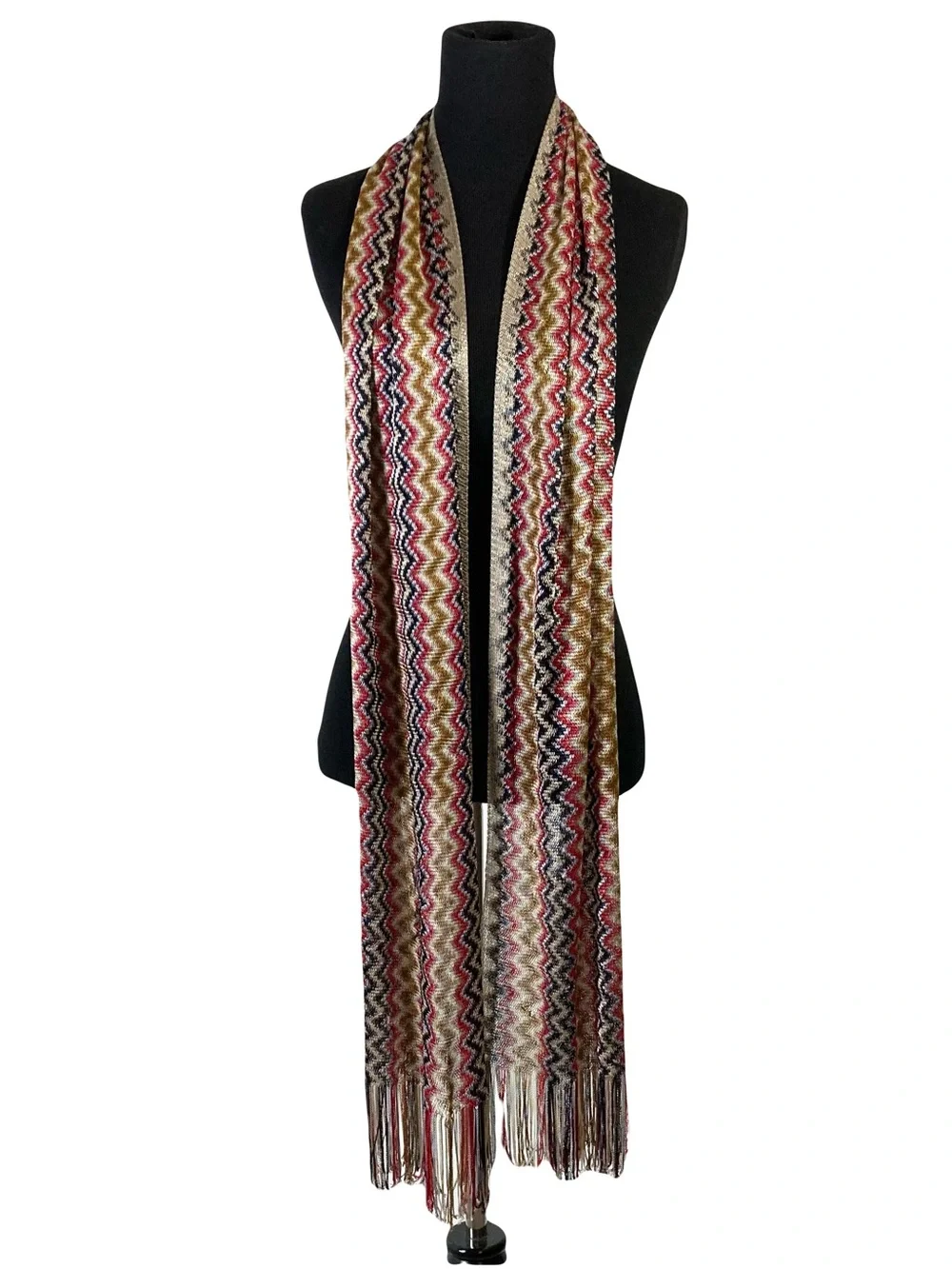MISSONI Scarf 14.4”x81” ITALY Chevron ZigZag Fringe Knit Multicolor